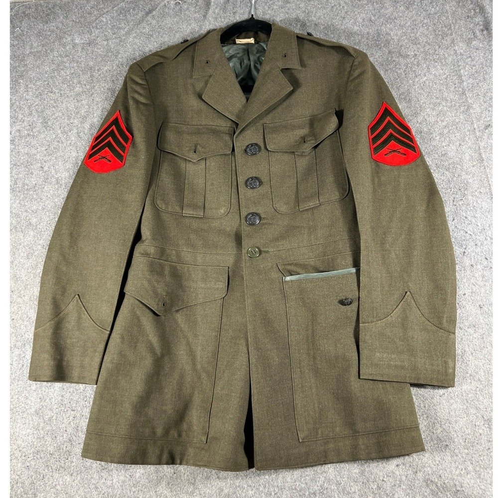 Vintage 70s USMC Military Service Dress Uniform Jacket Mens 37R Green Utility